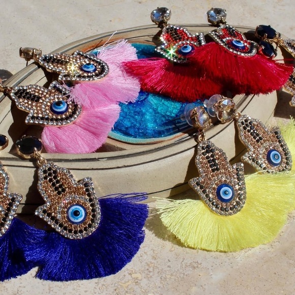 NEW! Boho Fringe Tassel Evil Eye Hamsa Hand Crystal Drop Earrings - Picture 7 of 9